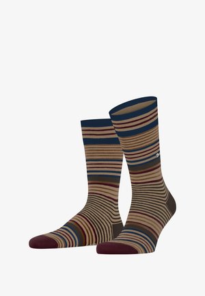 Calze a righe con una combinazione di colori blu, marrone e bordeaux, con la punta e il tallone marroni scuri, esposte in posizione verticale su uno sfondo bianco.