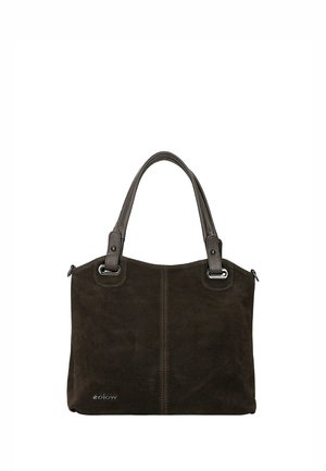 Sac fourre-tout en daim marron foncé avec doubles anses texturées et détails métalliques argentés, avec un petit logo de la marque en bas à gauche.