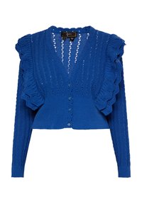 Cardigan blu lavorato a maglia con scollo a V, maniche corte arricciate e chiusura anteriore a bottoni. Caratterizzato da un motivo traforato e orlo a costine.
