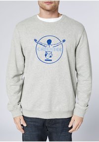 Gray sweatshirt made of cotton blend, featuring a blue graphic print of a figure with outstretched arms and the word "Chiemsee."