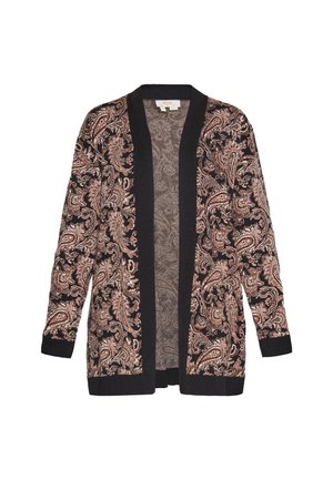 Hosszú, nyitott kardigán fekete díszítéssel, barna és bézs bonyolult paisley mintával fekete háttérrel.
