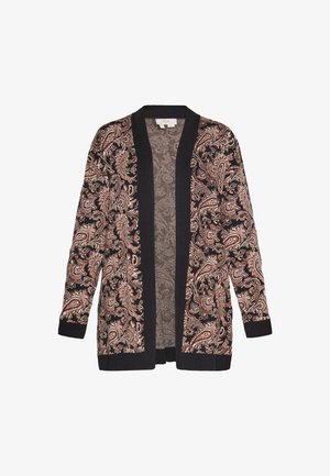 Dlhý kardigán s otvoreným predným dielom a čiernym lemovaním, zdobený zložitým paisley vzorom v hnedej a béžovej farbe na čiernom pozadí.
