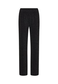 Pantalons noirs avec une coupe droite, fabriqués à partir d'un tissu texturé avec un subtil éclat. Taille élastique pour plus de confort.