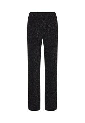 Zwarte broek met een rechte pijpdesign, gemaakt van een gestructureerde stof met subtiele glans. Elastische tailleband voor comfort.