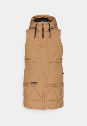 Vesta puffer bej cu glugă, fermoar frontal, model matlasat, două buzunare frontale și accente negre la fermoare și interior.