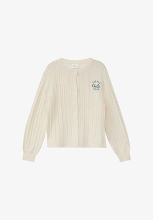 Cárdigan para niños de color crema con punto de cable y botones, con "Little Cutie Club" bordado en verde en el pecho.