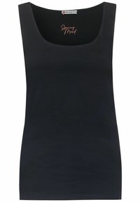 Svart ärmlös tanktopp i mjukt material med rundad halsringning. Har texten "Spring Mood" i rosa bokstäver framtill.