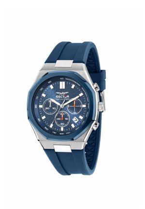 Orologio da polso Sector blu e argento con tachimetro, tre quadranti, finestra per la data e cinturino in silicone blu.
