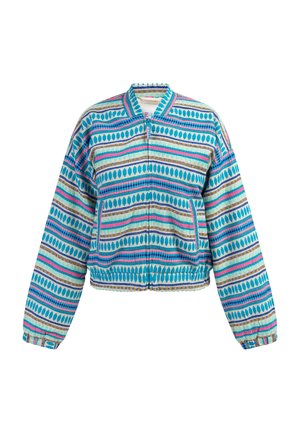 Korte jas met een veelkleurig gestreept patroon in blauw, roze en groen. Voorzien van een ritssluiting aan de voorkant en elastische manchetten en zoom. Gestructureerde stof.