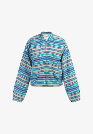 Afkortet jakke med et flerfarvet stribet mønster i blå, pink og grøn. Har en lynlås foran samt elastiske manchetter og kant. Tekstureret stof.