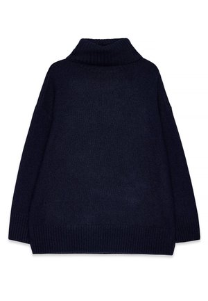 Navyblauwe oversized coltrui met ribbelkraag en -manchetten, gekenmerkt door een zachte, gestructureerde stof en een losse pasvorm.