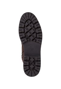 Braune Wildlederbootsohle mit einer robusten schwarzen Gummisohle, die ein strukturiertes Muster aus Kreuzen und Rauten aufweist. Größe 37 ist auf der Sohle markiert.