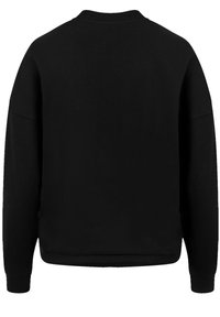 Black sweatshirt with a crew neckline, long sleeves, and ribbed cuffs. Smooth texture, standard fit, and no visible logos or patterns.