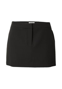 Zwarte mini-jurk van gladde stof, met een rechte snit, een strakke tailleband en subtiele zakken voor praktische doeleinden.