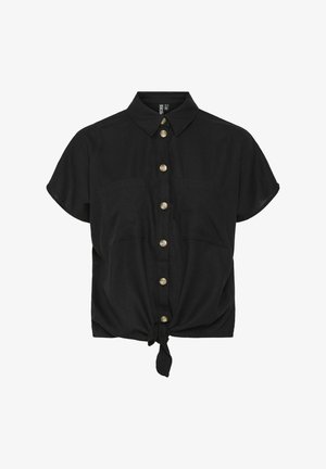 Must kiirete varrukatega must särk, millel on nööpidega eesmine sulgemine, kaks rinnataskut ja seotud hem, valmistatud kergest kangast. Kuldsed nööbid täiustavad disaini.