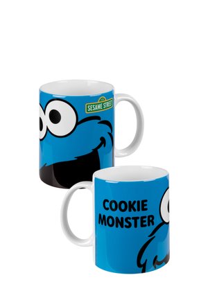 Two blue mugs featuring Cookie Monster from Sesame Street, one showing his eyes and mouth, the other with "COOKIE MONSTER" text.
