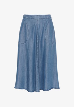 O fustă din denim, până la genunchi, în nuanță de albastru deschis, dotată cu două buzunare frontale, închidere cu fermoar și un design evazat cu detalii de cusătură vizibile.