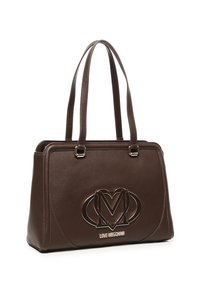 Bruine Love Moschino leren handtas met dubbele handvatten aan de bovenkant en een metaal logo-embleem aan de voorkant.