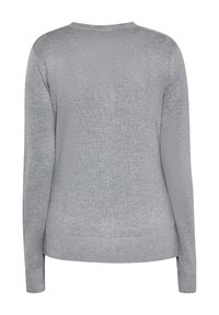 Szürke pulóver, puha tapintású, kör alakú nyakkivágással, hosszú ujjal, bordás szegéllyel és mandzsettával, sima felület, minimalista dizájn, látható minták nélkül.