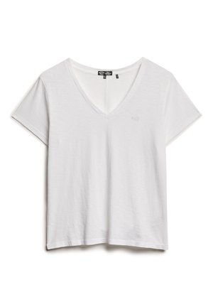 Witte T-shirt met korte mouwen en V-hals, gemaakt van lichtgewicht stof, met een subtiele logo-detaillering op de borst en een ontspannen pasvorm.