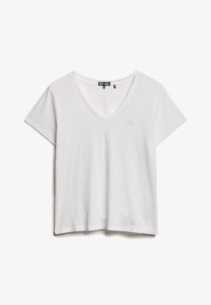 Biała krótka koszulka z dekoltem w kształcie litery V, wykonana z lekkiego materiału, z delikatnym logo na piersi i luźnym krojem.