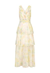 Abito con stampa floreale caratterizzato da scollatura a V, design a portafoglio e tre piani sovrapposti in morbidi colori pastello di giallo, verde e rosa.