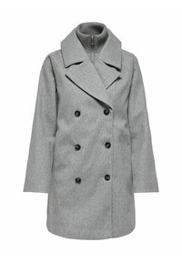 Cappotto grigio in misto lana con design doppiopetto, ampio colletto e bottoni neri. Presenta una finitura testurizzata e un collo alto con cerniera.