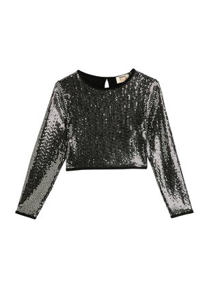 Sort cropped top med lange ærmer dækket af reflekterende sølv palietter, med rund halsudskæring og knaphulslukning bagpå.