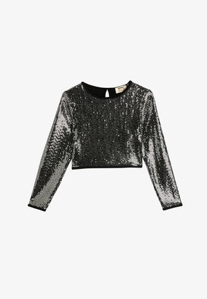 Sort cropped top med lange ærmer dækket af reflekterende sølv palietter, med rund halsudskæring og knaphulslukning bagpå.