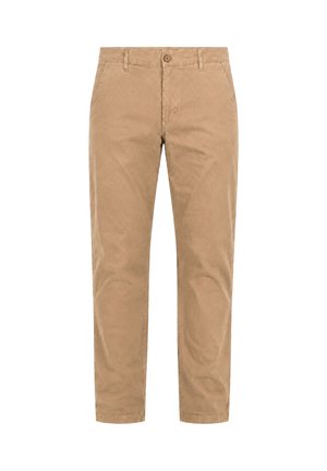 Beige herenbroek met rechte pijpen, riemlussen, vooraan een knoop, ritssluiting en zijzakken op een witte achtergrond.