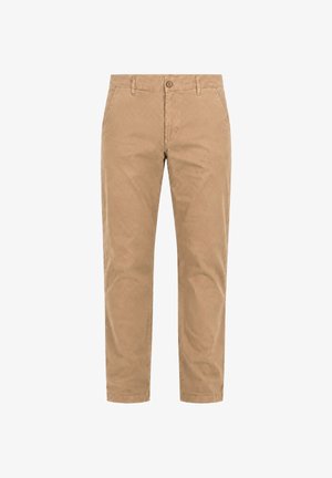 Beige herenbroek met rechte pijpen, riemlussen, vooraan een knoop, ritssluiting en zijzakken op een witte achtergrond.