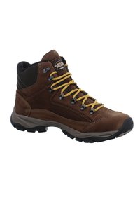 Brauner Wanderschuh mit gelben Schnürsenkeln, Obermaterial aus Wildleder und Mesh, gepolsterter Schaft, Gummisohle und Metallösen für sicheren Halt.