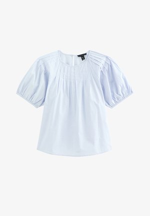 Light blue short-sleeve blouse with round neck, front pleats, puffed sleeves, and elastic cuffs, button closure at the back.