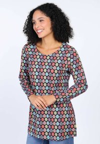 Langarmhemd mit einem bunten Blattmuster in Rot, Blau, Grün und Lila auf einem dunklen Hintergrund. Mit Rundhalsausschnitt und lässiger Passform.