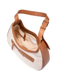 Borsa a spalla in pelle marrone chiaro con esterno in misto lana. Presenta una tasca esterna con zip, una tracolla regolabile e un interno in tessuto beige.