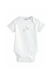 Weißes Kurzarm-Babybodysuit mit hellfarbigem Giraffen- und kleinerem Tierstickerei. Weicher Baumwollstoff mit Druckknöpfen am Boden.