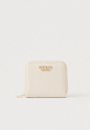 Cream-colored, textured wallet with a gold logo, zip closure, and rectangular shape. Simple, minimalistic design with smooth edges.