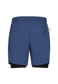 Blaue Sportshorts mit integriertem schwarzem Innenfutter. Sie verfügen über einen Kordelzugbund, Seitentaschen und eine elegante, glatte Textur.