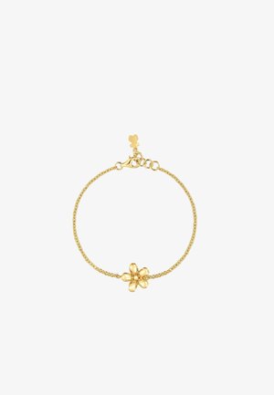Bracelet en or avec un design de chaîne délicat et un charme en forme de fleur au centre, ainsi qu'une fermeture à clapet sécurisée. Surface lisse, détails complexes.