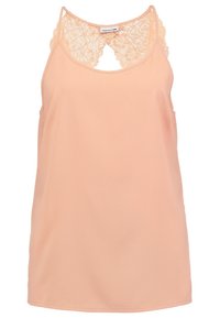 Top senza maniche color pesca realizzato in tessuto morbido, con un design a taglio in pizzo al collo e una silhouette a vestibilità ampia.