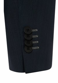 Navy blue suit jacketin hihhrova mekki. Sisse on neli musta nuppu ja halli õmblusega aktsendid nuppude kohal.
