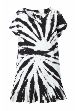 Robe à manches courtes tie-dye noir et blanc avec ourlet évasé et encolure ronde.