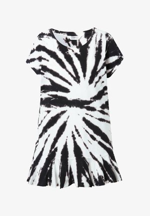 Robe à manches courtes tie-dye noir et blanc avec ourlet évasé et encolure ronde.