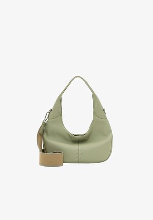 Helle grüne Lederhandtasche mit geschwungener Form, kurzem Griff und abnehmbarem hellbraunem Schultergurt. Verfügt über dezente Nahtdetails.