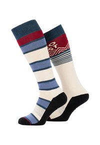 Stribede knæhøje sokker med et blåt og kremfarvet mønster med røde accenter og et geometrisk design på kanten. Sorte såler.