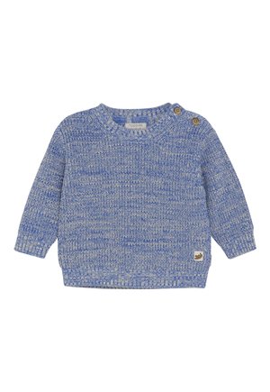 Blauwe en witte gemarmerde gebreide babysweater met lange mouwen en twee houten knopen op de linker schouder.