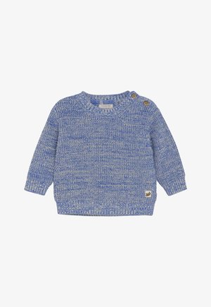 Blau-weißer melierter Strick-Pullover für Babys mit langen Ärmeln und zwei Holzknöpfen an der linken Schulter.