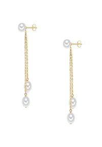 Kuldkülgid, millel on kaskaadi ahelad ja kolm valget pärli erinevates suurustes. Kujundus on minimalistlik ja läikega viimistletud.