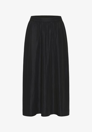 Czarna, średniej długości spódnica z elastycznym, marszczonym pasem, wykonana z teksturowanej tkaniny, która miękko się układa, charakteryzująca się prostym krojem.