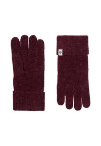 Pair of burgundy knit gloves with ribbed cuffs, one showing palm side and the other the back with a small white logo tag.